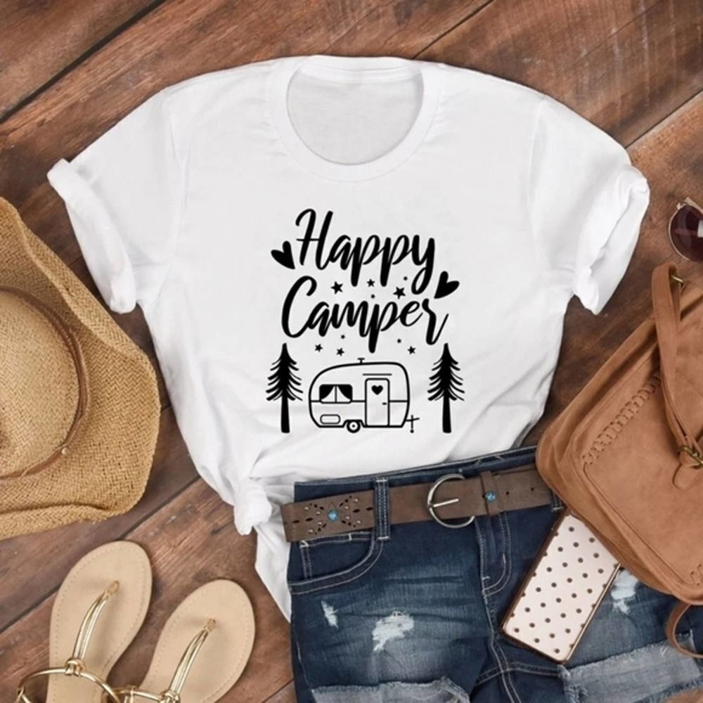 Happy Camper 🌲 Camping Hiking Outdoors Soft Graphic Tee Shirt